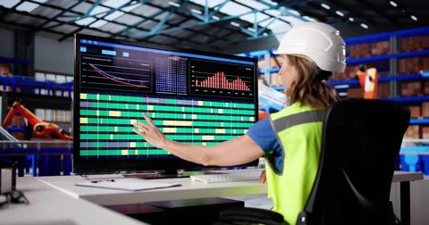 Female Operator Controls Global Cargo Ship Using Scada System Software Fotos Stock