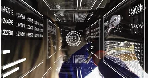 Female operator touching data panel and activating HUD, analyzing corridor data Stock Photos