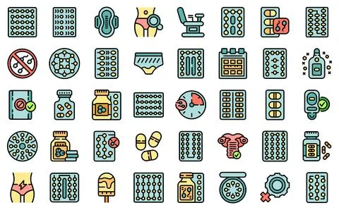 Female oral contraception icons set vector flat Stock Illustration