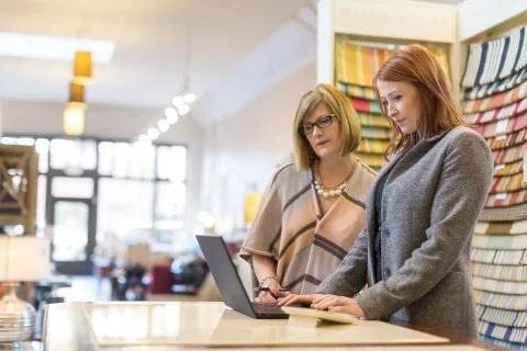 Female owners using laptop computer while working at table in furniture store Foto stock