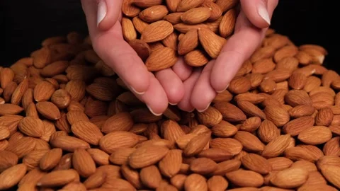 Female palms lay down or pour out a handful of almond nuts Stock Footage 209129206