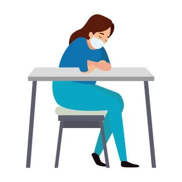 Female paramedic sleeping on desk using face mask 库存插图