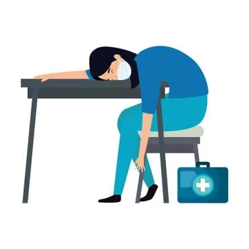 Female paramedic sleeping on desk using face mask 库存插图