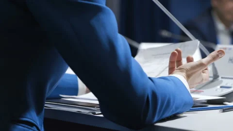 Female partner explaining management ideas at seminar or lecture. Entrepreneur o Stock Footage 199475342