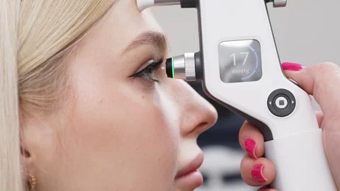 Female patient undergoing glaucoma screening with tonometer, healthcare Stock Footage 337286100