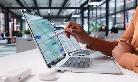 Female Payroll Manager Utilizing Digital App For Staff Salary Payments Stock Photos