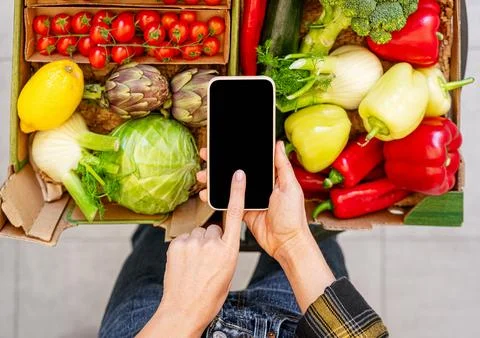 Female person using touch screen phone above the farm grown organic vegetable Stock Photos