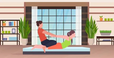 Female personal trainer doing stretching exercises with girl fitness instructor Illustrazione stock