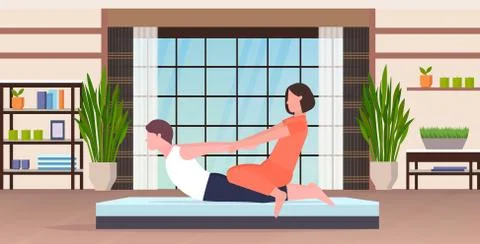 Female personal trainer doing stretching exercises with guy fitness instructor Illustrazione stock