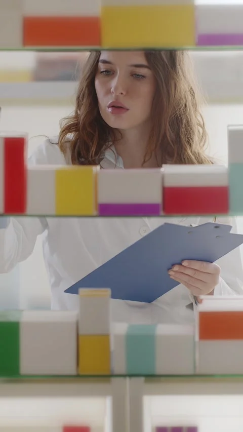 Female Pharmacist Checking Medication Inventory in Pharmacy Stock Footage 328663711