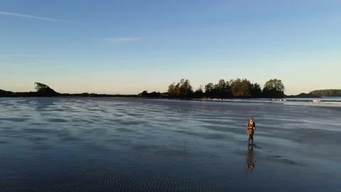Female Photographer Walking Down An Empty Beach At Dawn Stock Footage 168318582
