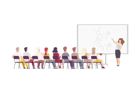Female Physics Professor Teaching Students in Classroom, University, College Stock Illustration