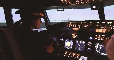 Female pilot captain prepares for take-off plane Stock Footage 85051833
