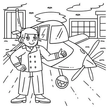 Female Pilot In Front of a Plane Coloring Page Stock Illustration