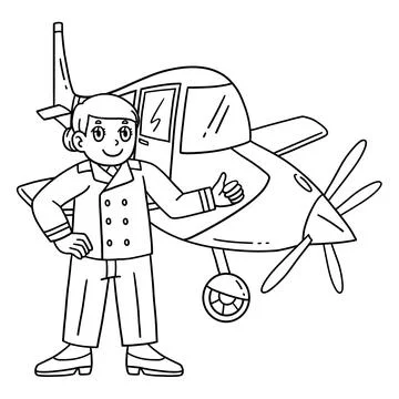 Female Pilot In Front of a Plane Isolated Coloring Stock Illustration