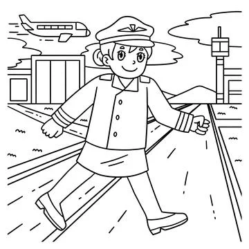 Female Pilot Walking through Runway Coloring Page Stock Illustration