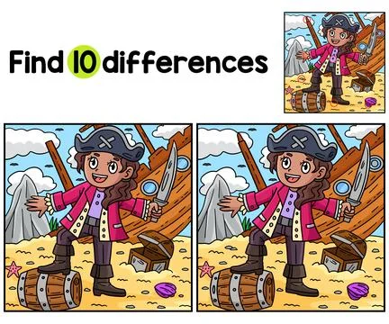 Female Pirate with Cutlass Find The Differences Stock Illustration