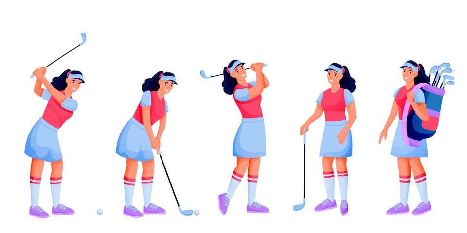 Female playing golf, vector flat cartoon character illustration white backgro Stock-Illustration