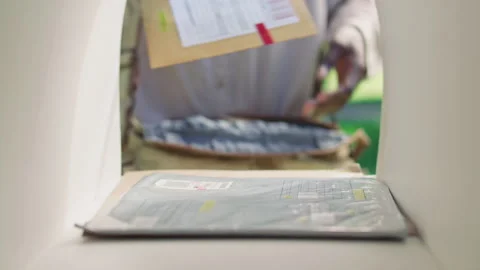 Female Postal Worker Delivering Envelopes and Parcel into Mailbox Video stock 316086135