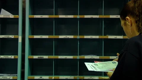 Female Postal Worker Sorting Mail at Postal Distribution Center - Close Up Stock Footage 154875761
