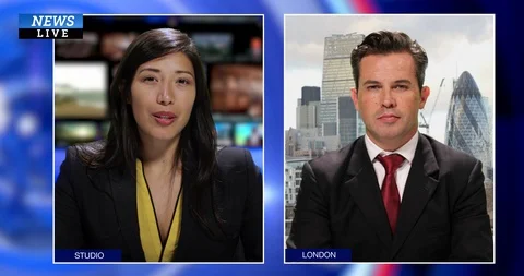 Female presenter interview guest live on news channel Stock Footage 113682095