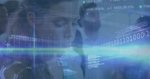 Female presenter reading device, activating code overlay, streaming line graphs Stock Footage 312694443