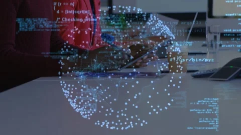 Female pro reacting to tech globe and scrolling code, tapping tablet and writing Stock Footage 333132770