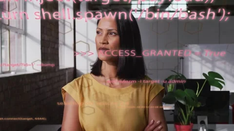 Female pro standing in tech, code overlay moving on torso, camera tightening, Stock Footage 333950132