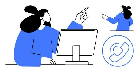 Female Professional Giving Presentation with Computer and Icon Illustrating.. Illustrazione stock