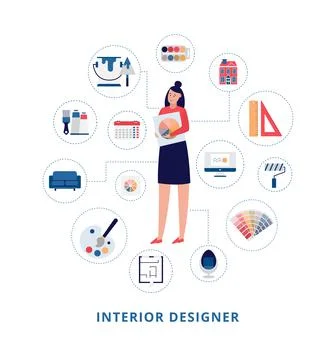 Female professional interior designer flat vector illustration isolated. Illustrazione stock
