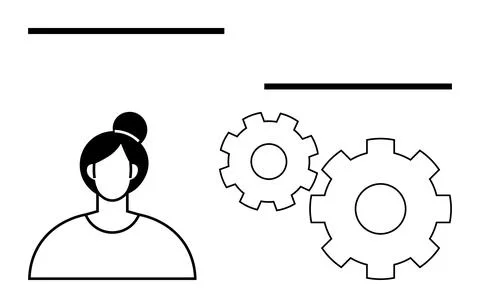 Female professional next to two large gears, representing teamwork and Stock Illustration