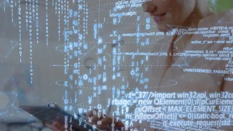 Female professional tapping tablet in office, revealing code overlays analyzing Stock Footage 322204666