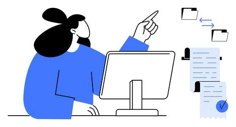 Female Professional Using Computer for Document Management and Data Transfer Illustrazione stock