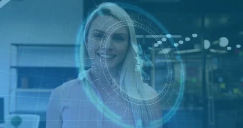 Female professional using holographic virtual interface with grid and map Stock Footage 307435019