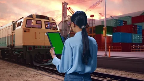 Female Professional Worker Use Green Screen Tablet With Freight Cargo Train Video stock 297872328