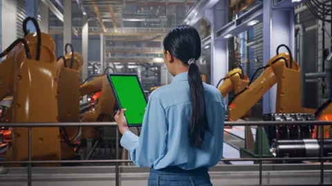 Female Professional Worker Use Green Screen Tablet With Robotic Arms Stock Footage 301932297