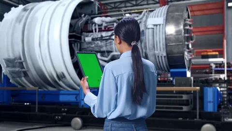 Female Professional Worker Use Green Screen Tablet With Jet Engine Stock Footage 307189242