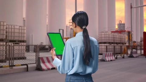 Female Professional Worker Use Green Screen Tablet at Storage Facility Stock Footage 337756121