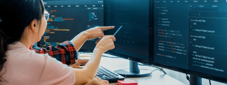 Female programer explain while pointing code displayed on computer. Burgeoning. Stock Photos