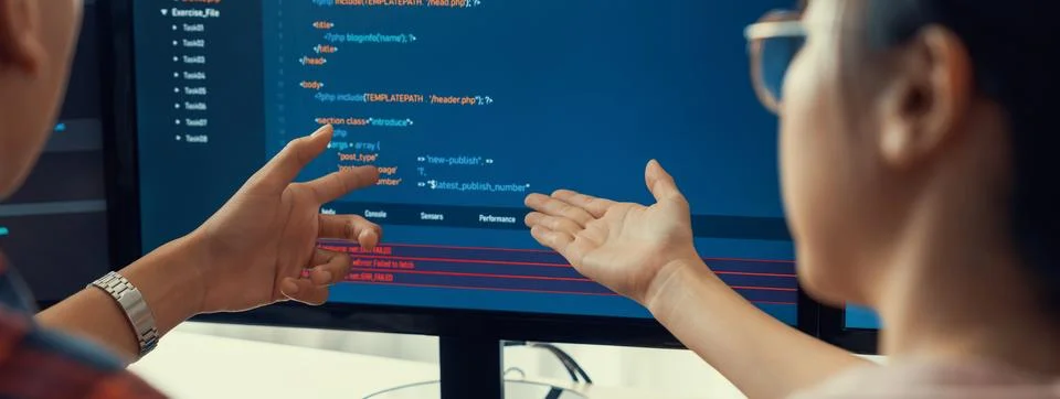 Female programer explain while pointing code displayed on computer. Burgeoning. Stock-Fotos