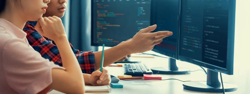 Female programer explain while pointing code displayed on computer. Burgeoning. Stock Photos