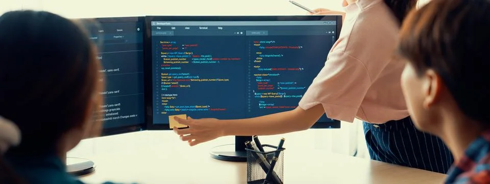 Female programer present program coding while manager listening. Burgeoning. Stock Photos