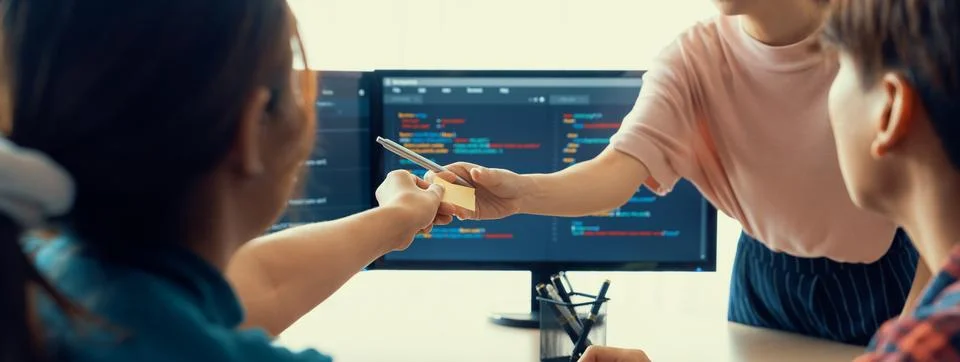 Female programer present program coding while manager listening. Burgeoning. Stock Photos