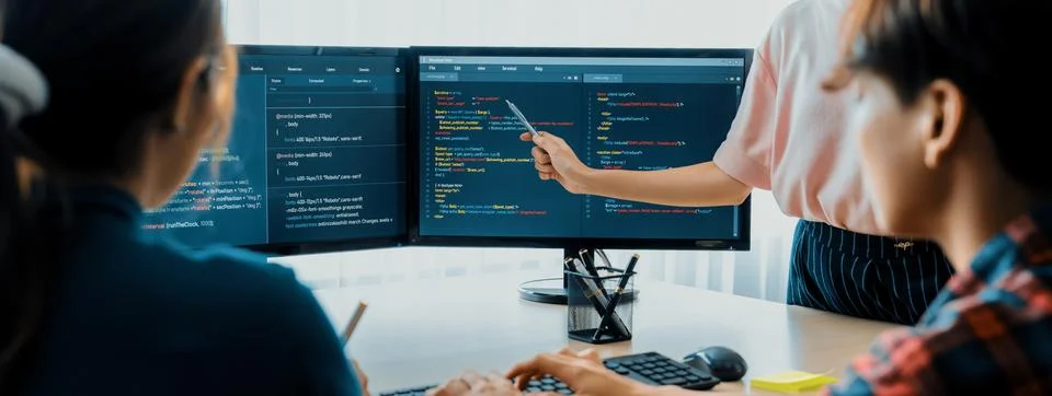 Female programer present program coding while manager listening. Burgeoning. 스톡 사진