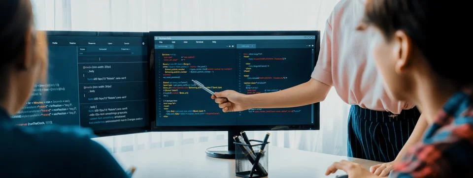 Female programer present program coding while manager listening. Burgeoning. 스톡 사진