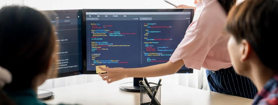 Female programer present program coding while manager listening. Burgeoning. Stock Photos