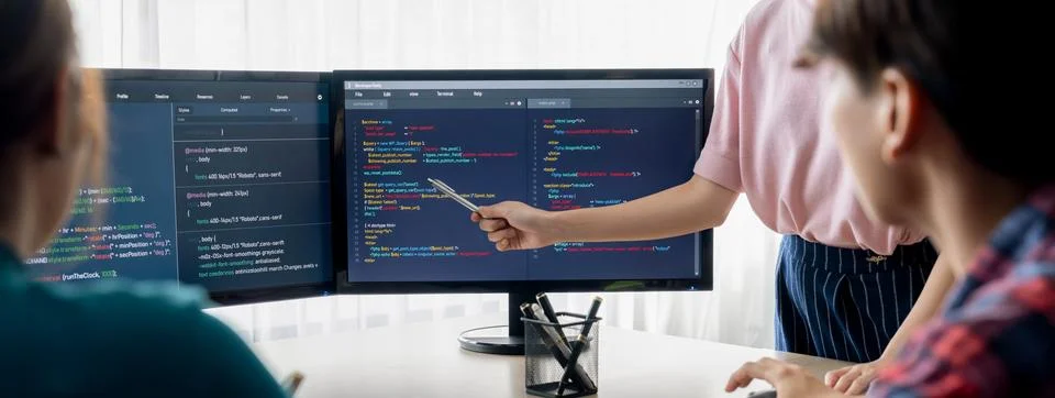 Female programer present program coding while manager listening. Burgeoning. Stock Photos