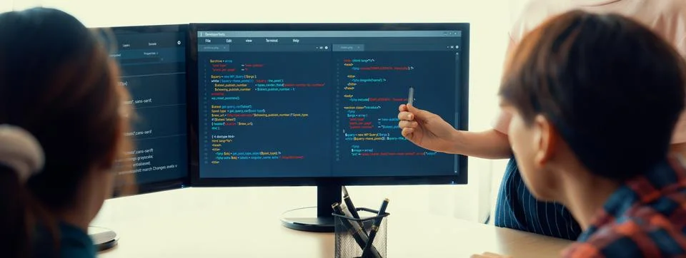 Female programer present program coding while manager listening. Burgeoning. Stock Photos