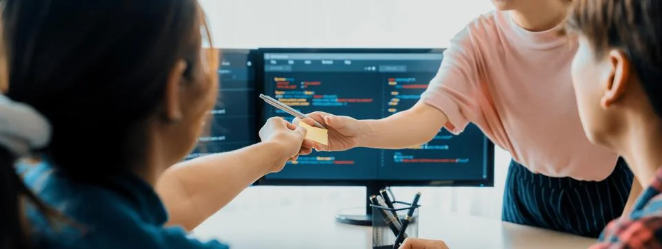 Female programer present program coding while manager listening. Burgeoning. Stock Photos