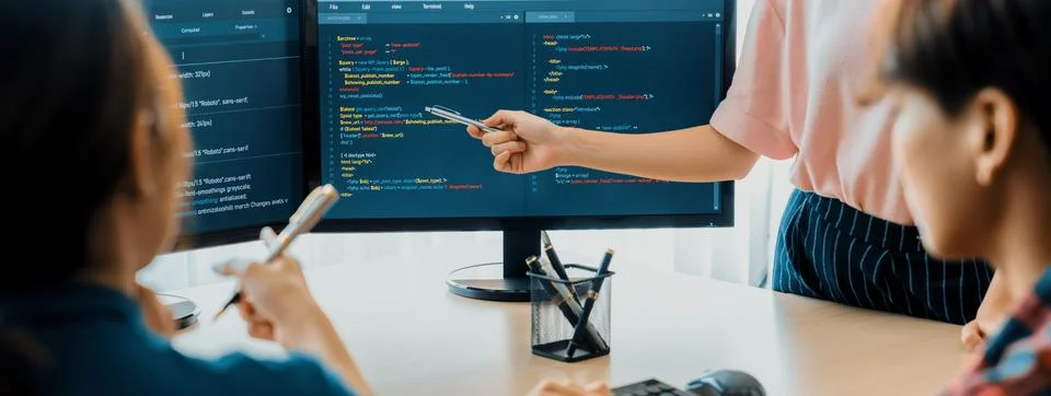 Female programer present program coding while manager listening. Burgeoning. Foto stock